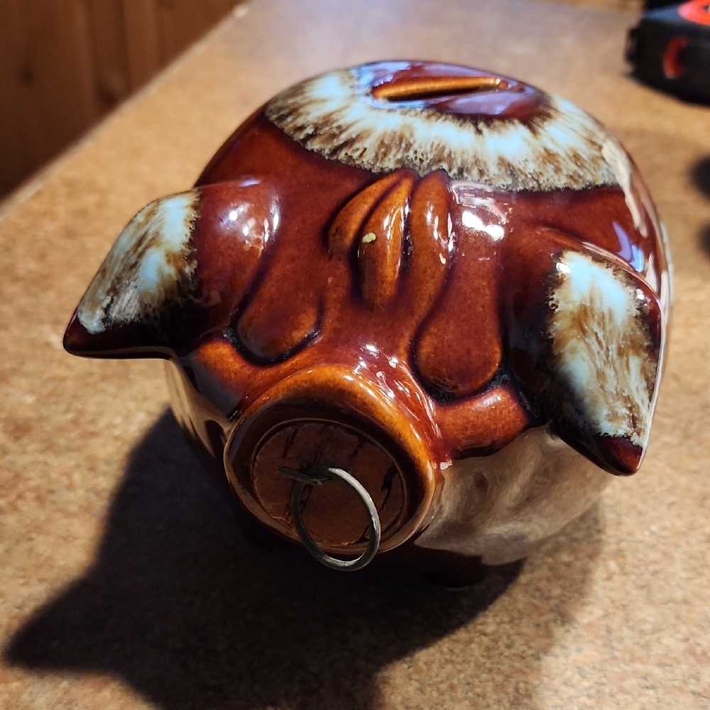 Vintage Ceramic Piggy Bank in Brown and Cream